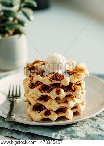 Ricotta Cheese Chaffles For Keto Diet. Stack Of Ricotta And Lemon Belgian Waffles Decorated With Ice