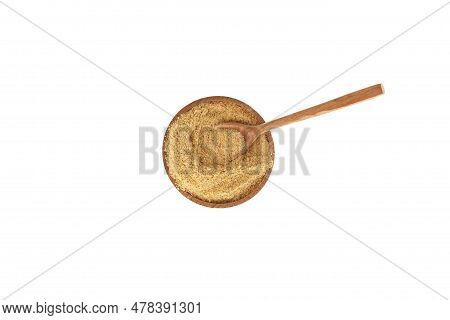 Fenugreek In Bowl, Flour Coarsely Ground, Top View. Hulbah Powder, Wooden Spoon. Herbal Nutritional 