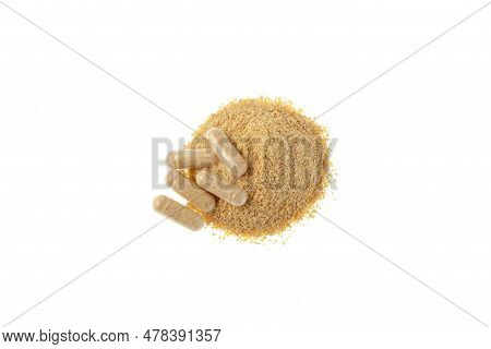 Fenugreek Powder And Hulbah Pills, Herbal Medicine Capsules Isolated On White Background. Top View, 