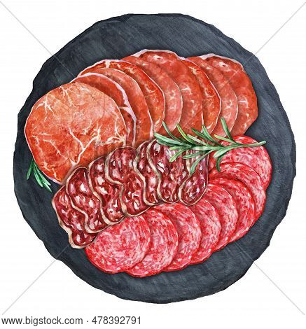 Antipasto Platter Cold Meat. Salami, Coppa Sausage And Soppressata. Traditional Italian Appetizers. 