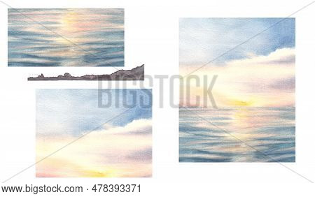 Watercolor Landscape Illustration Set Hand Drawn Background Sunset On The Sea