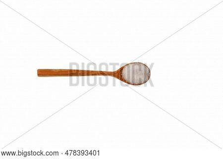 Xylit Sugar Substitute, Xylitol Powder Or Birch Sugar In Wooden Spoon. Food Additive E967, Sweetener
