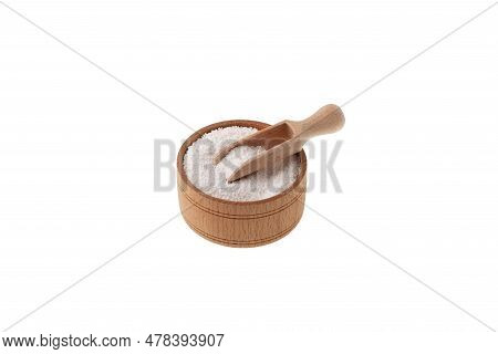 Sodium Benzoate In Wooden Bowl Isolated On White. Sodium Salt Of Benzoic Acid. White Chemical Powder