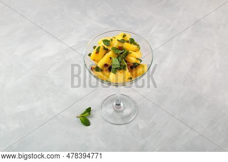 Pineapple Slices With Mint, Sweet Fruit Dessert On Grey Table, Selective Focus. Fresh Pineapple In C