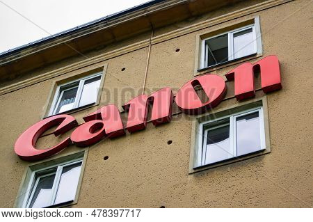 Ostrava, Czech Republic - June 21, 2023: Logo Of Canon Camera And Printer Company On A Sorela Buildi