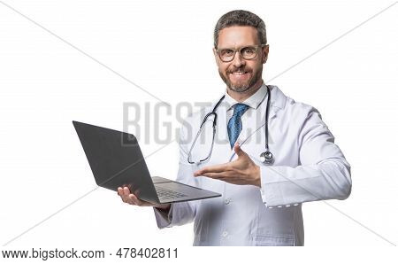 Smiling Doctor Offering Emedicine In Studio. Doctor Presenting Emedicine