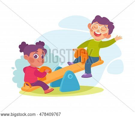 Entertainment With Little Boy And Girl On Seesaw In Amusement Park Vector Illustration