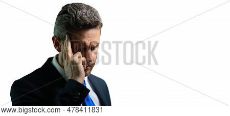 Millennial Businessman Having Headache. Business Man In Suit Suffer From Migraine Or Headache. Tired