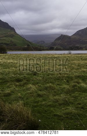 View Over Nantlle Lake Towards Snowdon On Cloudy Day