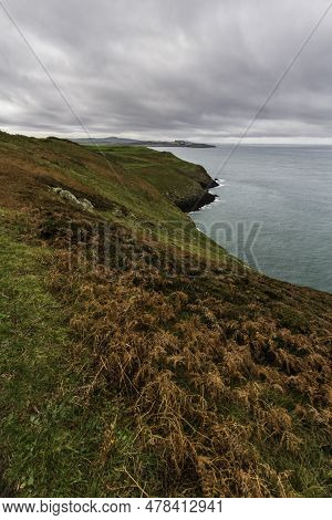 Anglesey North Coastal Path, Wales. Autumn Or Fall Path, And Sea, Portrait, Wide Angle Looking West