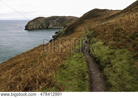 Anglesey North Coastal Path, Wales. Autumn Or Fall Path, And Sea, Landscape, Wide Angle