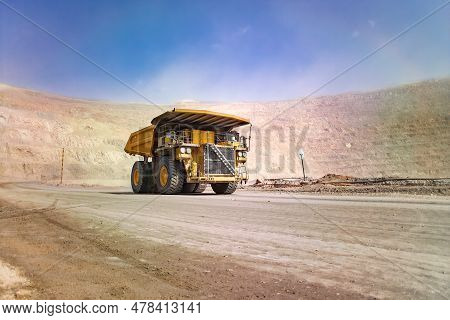 Huge Large Dump Truck At An Open-pit Copper Mine In Chile.