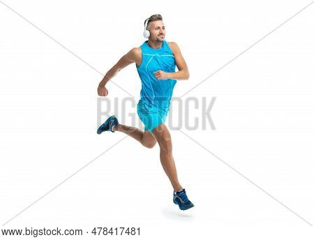 Sport Jogger Listen To Music. The Jogger Ran At Sport Training Isolated On White. In A Morning Sport