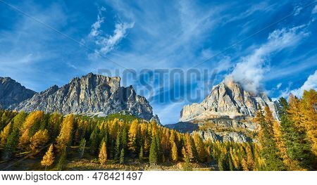 View Of Tofane Mountains Seen From Falzarego Pass In An Autumn Landscape In Dolomites, Italy.