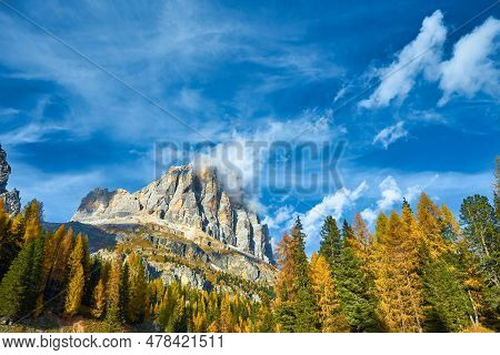 View Of Tofane Mountains Seen From Falzarego Pass In An Autumn Landscape In Dolomites, Italy.