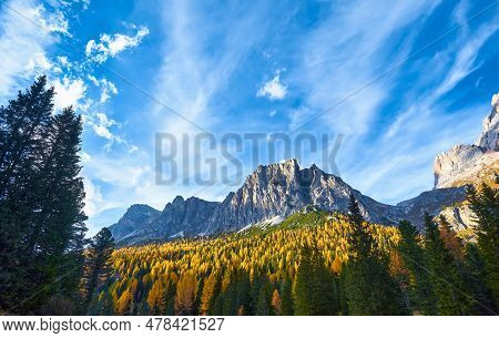 View Of Tofane Mountains Seen From Falzarego Pass In An Autumn Landscape In Dolomites, Italy.