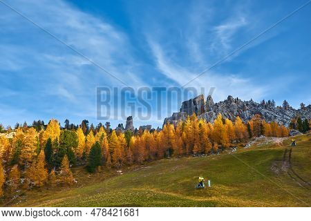 View Of Tofane Mountains Seen From Falzarego Pass In An Autumn Landscape In Dolomites, Italy.