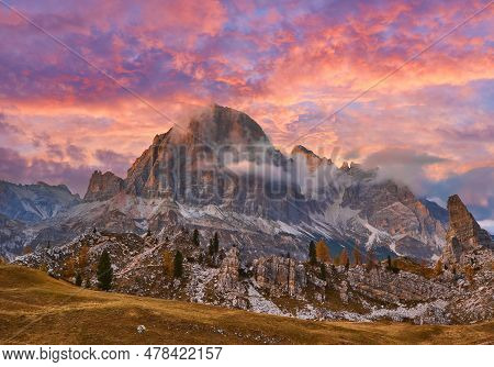 Alpine Red Autumn Morning, Passo Falzarego, Cinque Torri, Tofana, Cortina D'ampezzo, Belluno, Trento