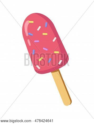 Ice Cream In Pink Glaze Concept. Dessert And Delicacy. New Year, Christmas, Halloween And Birthday. 