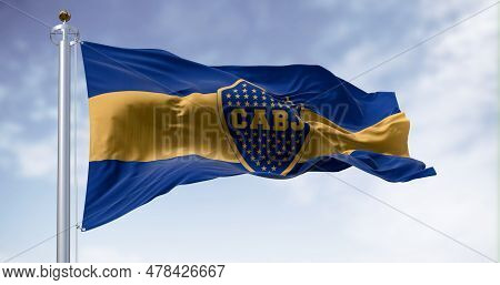 Buenos Aires, Ar, June 15 2023: Boca Juniors Flag Waving In The Wind. Argentine Sports Club Based In