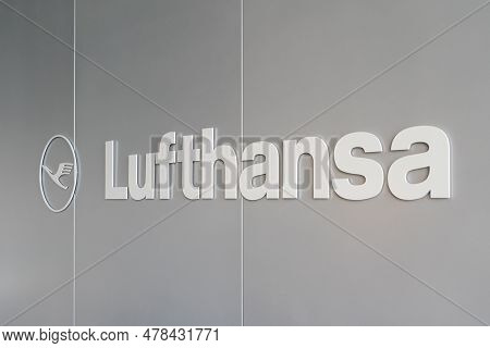 Frankfurt, Germany - 10 Jun 2023: A Big Silver Lufthansa Logo On The Wall Of Frankfurt Airport, Germ