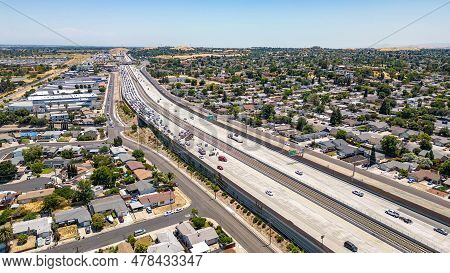 Drone Photo Over A Flipped Car On Highway 4 In Antioch, California With Fire Engines, Police Cars An