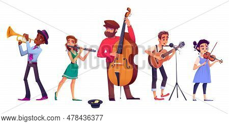 Street Music Band Performing Isolated On White Background. Vector Cartoon Illustration Of Young Men 