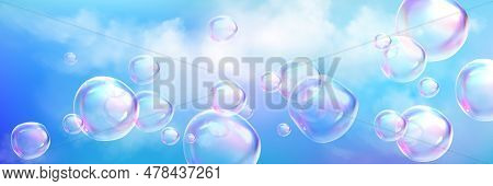 Realistic Cloud Background With Iridescent Glass Foam. 3d Dream Spectrum Soap Bubble Sphere Blowing 