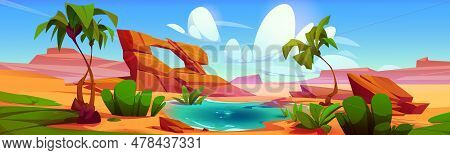 Water Lake Oasis In Dubai Desert With Palm Tree Cartoon Background. Arabian Drought Panorama With Po