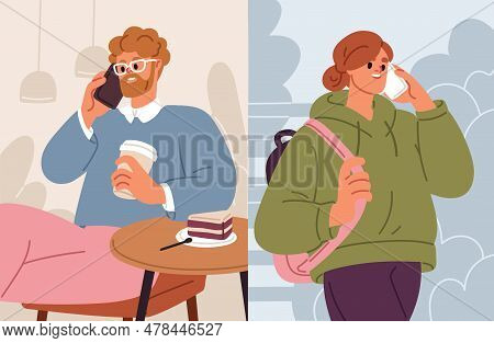 People Talking On Mobile Phone. Couple Conversation, Dialogue, Communication Via Cellphone Call. Hap
