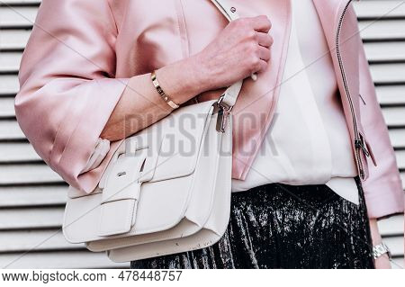 Milan, Italy - February, 24, 2022: Woman Wears Touch Me Bag In Ivory Leather Barbara Bui, Street Sty