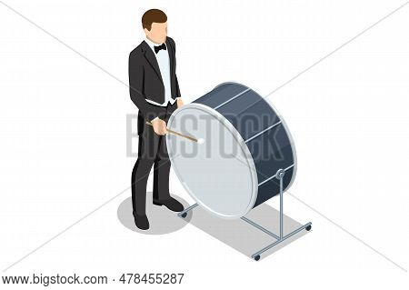 Isometric Classic Musical Instrument Big Drum With Drum Sticks Isolated On White Background