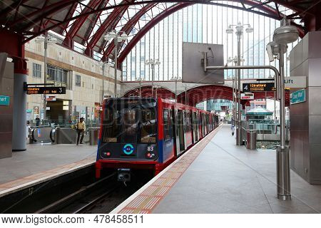 London, Uk - July 8, 2016: Docklands Light Railway (dlr) Train Station In London, Uk. Dlr Serves Ann