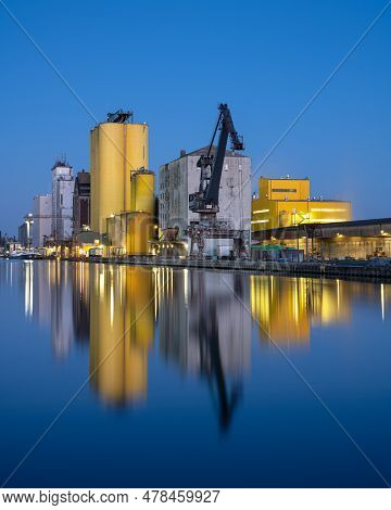 Hamm, Germany - February 28, 2023: Port Of Hamm During Blue Hour With Water Reflection On February 2