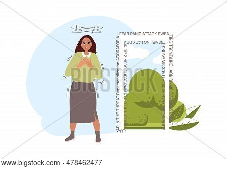 Scared Woman Afraid Of Leaving Home. Introversion, Agoraphobia, Public Spaces Phobia Psychological C