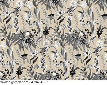 Monochrome Pattern With Tropical Flowers Painted In Drybrush Gouache For Textiles