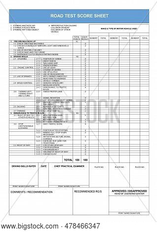 Road Test Score Sheet With Empty Fields