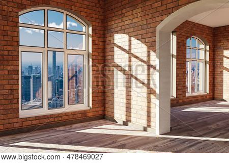 Luxurious Loft Apartment With Window And Minimalistic Interior Living Room Design; 3d Illustration
