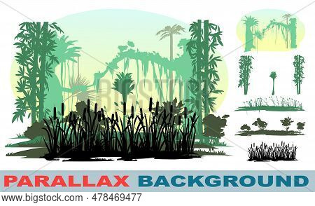 Jungle Landscape. Dense Thickets Of Trees And Shrubs. Lianas Are Hanging. Picture Layers Parallax Ef