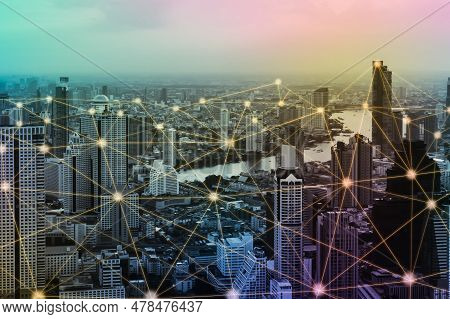 The Modern Creative Communication And Internet Network Connect In Smart City . Concept Of 5g Wireles
