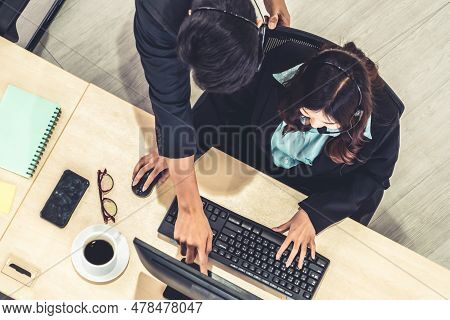 Business People Wearing Headset From Top View In Office Working With Computer To Support Remote Cust