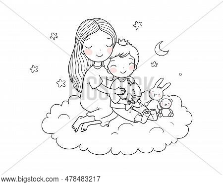 A Woman And A Child Are Sitting On A Cloud. Mom And Son. Brother And Sister. The Girl Hugs The Boy. 