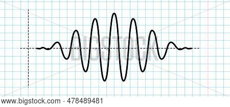Sinusoid Impulse Signal On Blue Grid Paper. Black Curve Sound Wave On Checkered Paper. Voice Or Musi