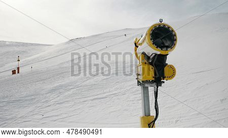 Livigno, Italy - February 21, 2022: Snow Making Machine, Snow Cannon At Ski Resort Livigno, Italy At