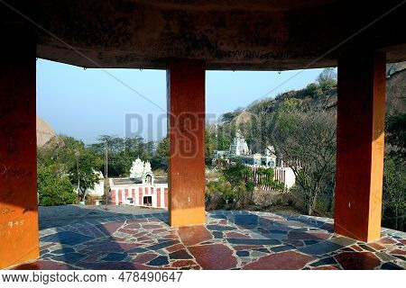 View Of Temples Through Gallery  Situated On Top Of Ramagiri Hill Near Ramanagar On Karnataka, India