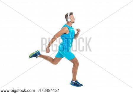 Sport Jogger Listen To Music In Earphones. The Jogger Ran At Sport Training Isolated On White. In A 