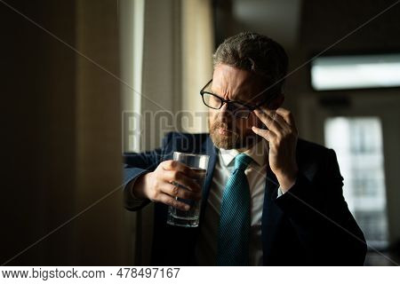 Head Pain Concept. Cephalalgia And Migraine. Man With Sinus Headache, Tension Or Cluster Headache. H