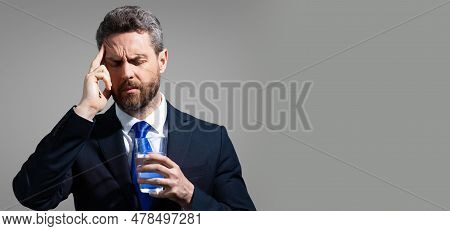 Head Pain, Medicines Pills Concept. Cephalalgia And Migraine. Man With Sinus Headache, Tension Or Cl