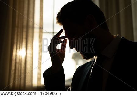 Head Pain Concept. Cephalalgia And Migraine. Man With Sinus Headache, Tension Or Cluster Headache. H