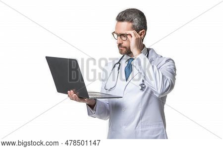 Photo Of Busy Emedicine And Doctor Man With Laptop. Doctor Promoting Emedicine